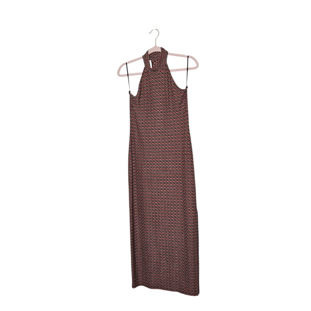 Moda Intl. Vintage 90s Geometric Stripe High Halter Maxi Dress Red Brown Black M